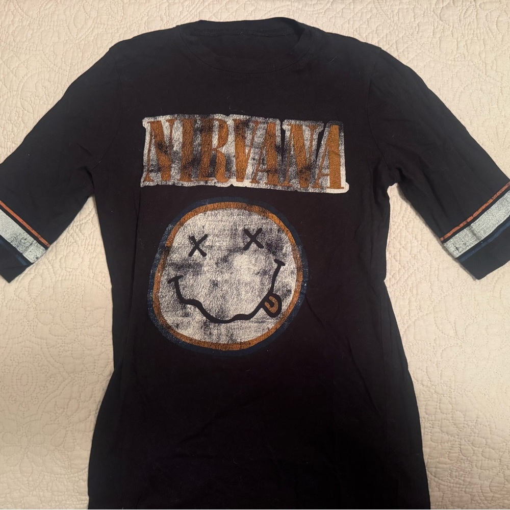 NIRVANA Black Short-Sleeve Tee with Distressed Smiley Graphic